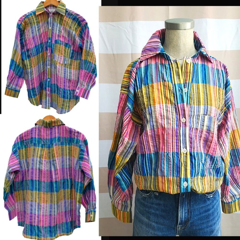 CONRADO Madras PLAID Colorful Kelsey MULTI-STRIPE Button Down BLOUSE Top – NWOT!
